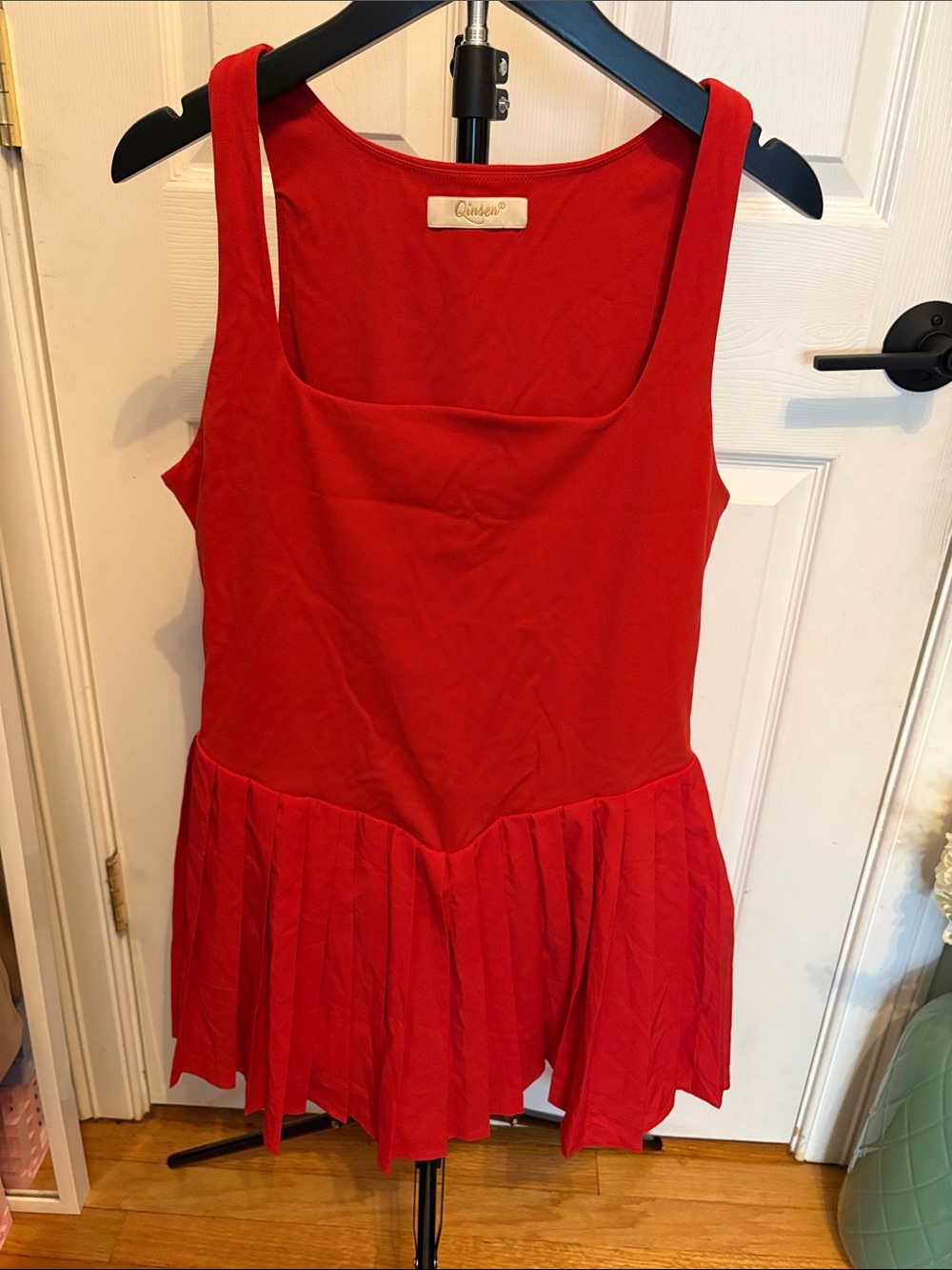Quince Red Pleated-Hem Square Neck tennis dress w shorts under